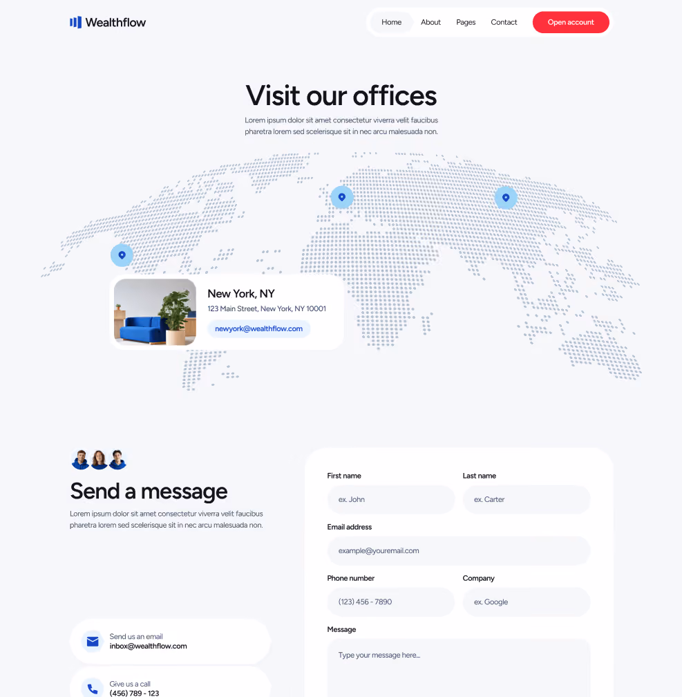 Wealthflow - Contact V2 Main Page - Bank Webflow Template | BRIX Template