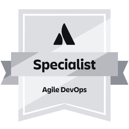 Badge with logo and ribbon reading Specialist Agile DevOps in black and gray tones.