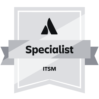 Badge reading Specialist ITSM with a stylized black symbol above the text on a gray ribbon background.