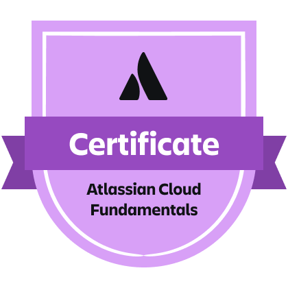 Purple shield badge with Atlassian logo and text Certificate Atlassian Cloud Fundamentals.