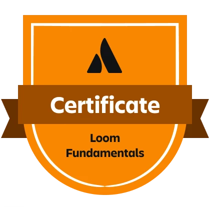 Orange badge with a dark ribbon reading Certificate and text Loom Fundamentals below.