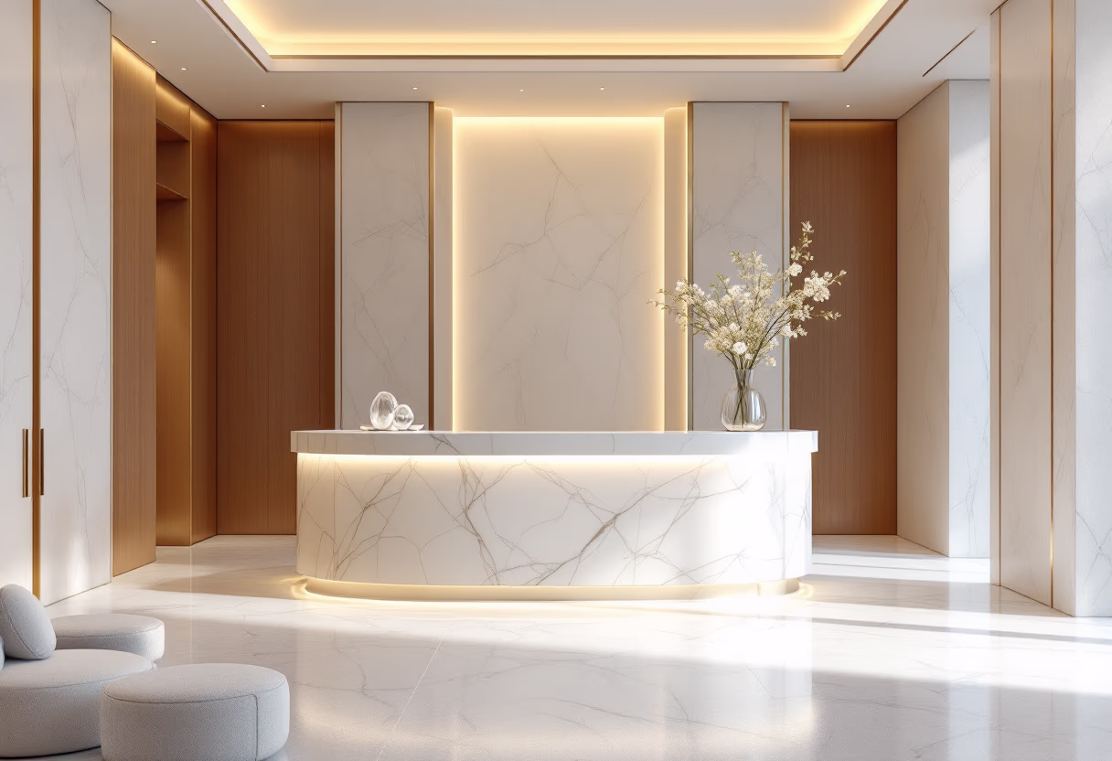 welcoming front desk area (for a wellness center)