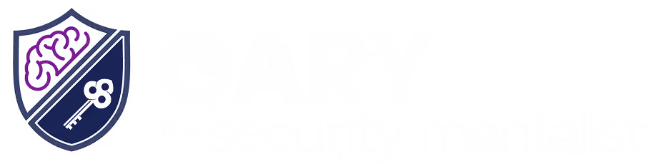 Shield logo with a purple brain and key icon beside the text Gary the security mentalist.