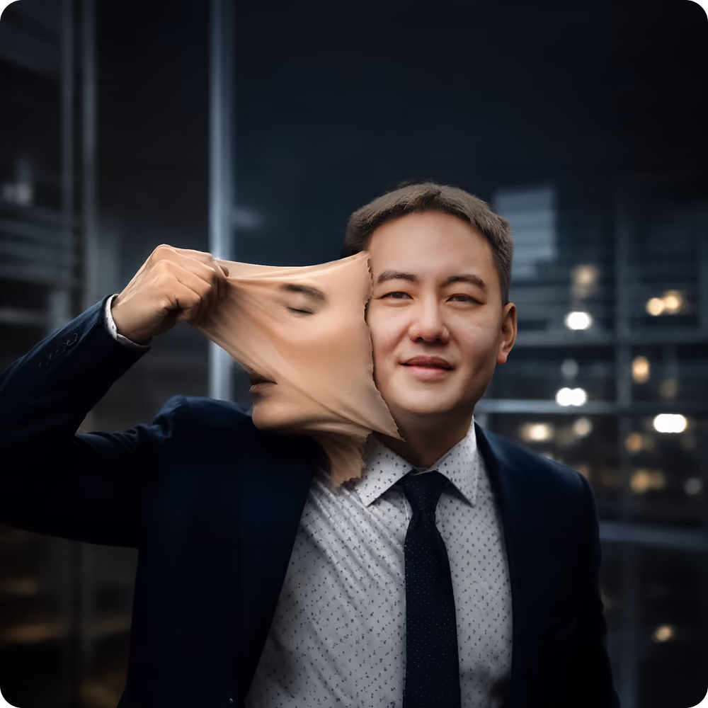 Man pulling off a realistic mask that looks like his own face, revealing a serious expression underneath.