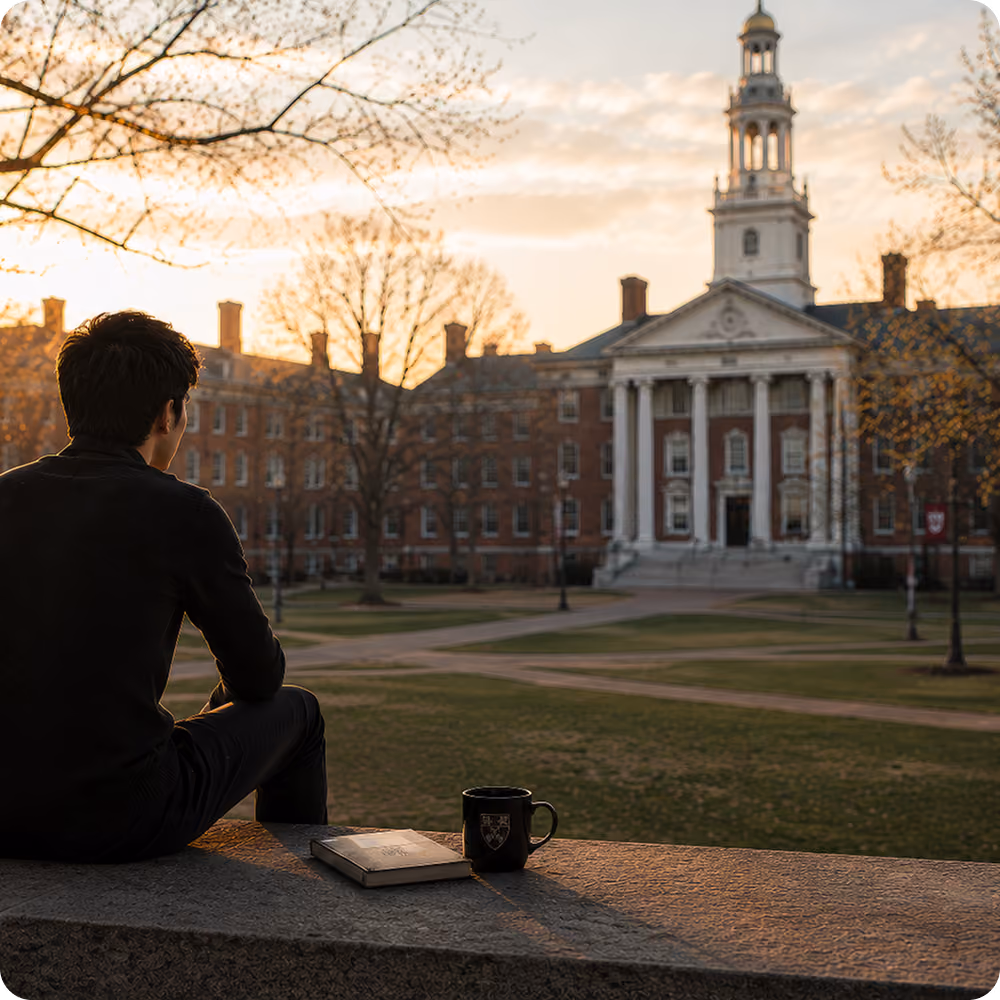 Person sitting on stone ledge at sunset with campus building, book, and mug nearby.