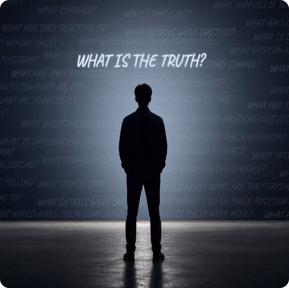 Silhouette of a person facing a wall with the glowing text 'WHAT IS THE TRUTH?' and faint questions.