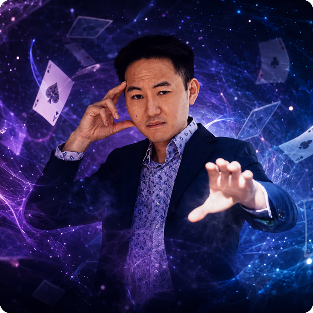 Man in suit with concentrated expression gestures with hand amid floating playing cards and purple-blue cosmic background.