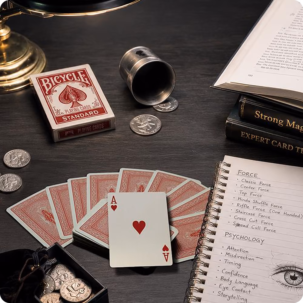 Ace of hearts card on spread playing cards, coins, books on magic, and notebook with notes and eye sketch.