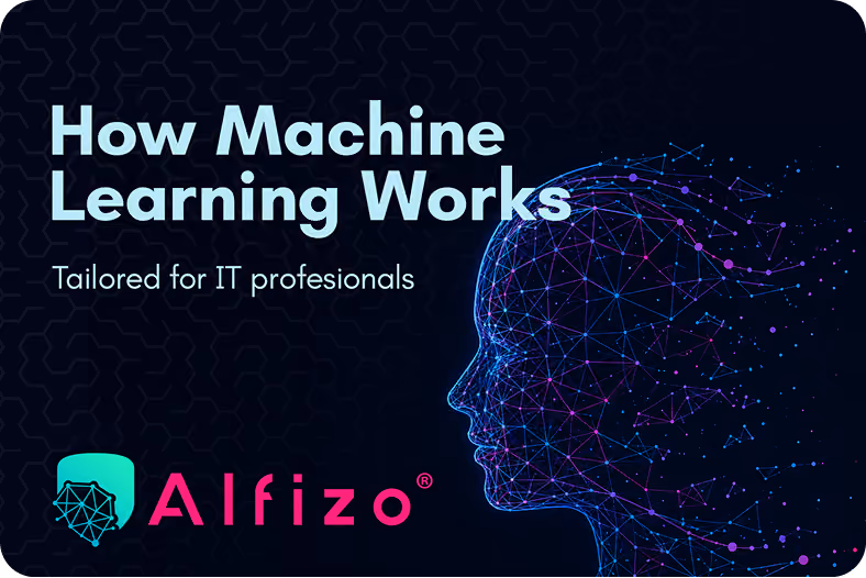 Digital outline of a human head with network nodes and text 'How Machine Learning Works' tailored for IT professionals.