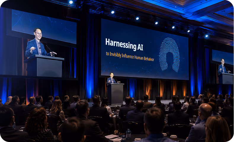 Speaker at podium presenting on harnessing AI to invisibly influence human behavior to a seated audience.