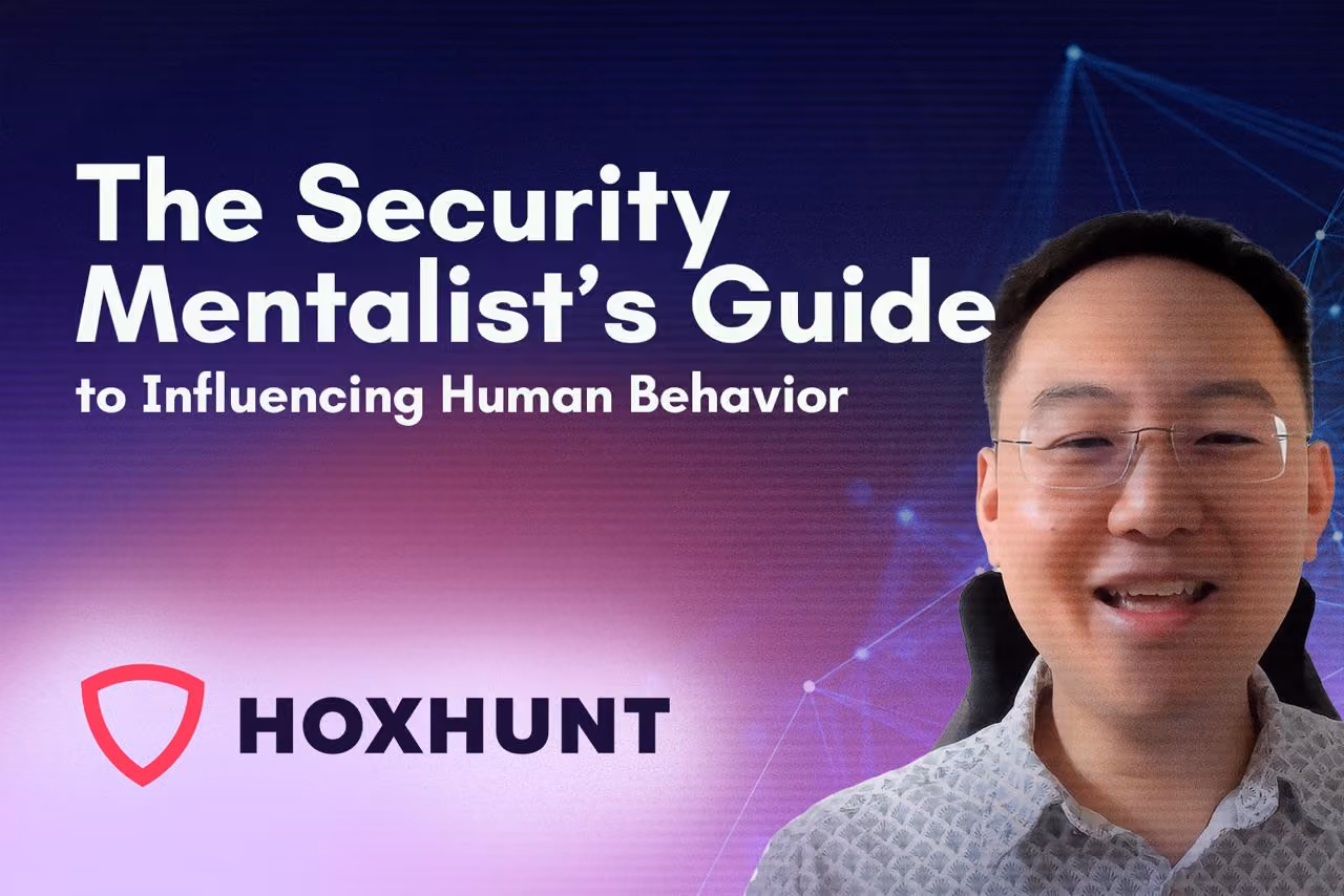 Man with glasses on purple background with text about security mentalist's guide by Hoxhunt.