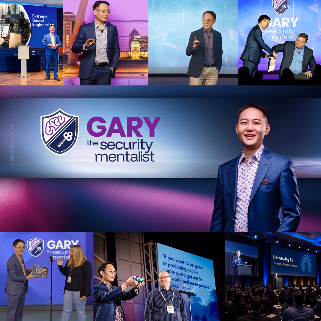 Collage of Gary the security mentalist speaking at events, demonstrating, and engaging with audiences.