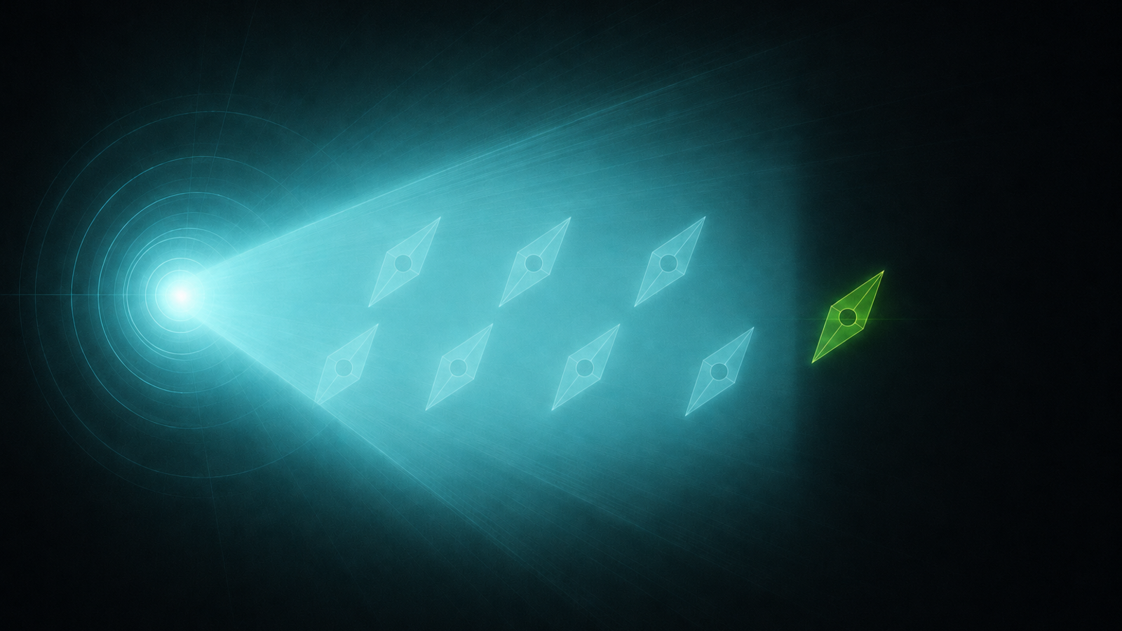 Abstract illustration of one geometric shape emerging from the overwhelming glow surrounding identical shapes, symbolizing a company establishing its 