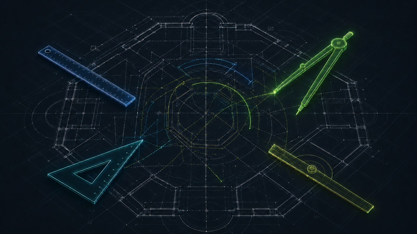 Architectural blueprint still being revised while drafting tools continue working toward an unfinished center, symbolizing strategic decisions being m
