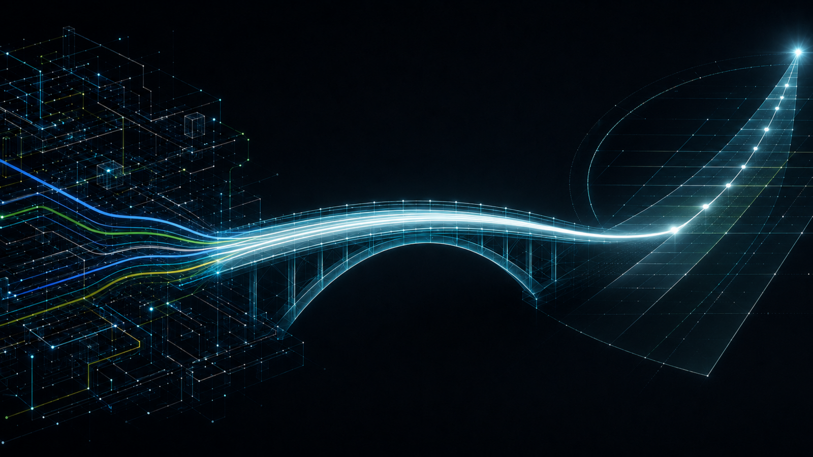 A glowing bridge transforms dense technical signals into a clear path toward business outcomes.