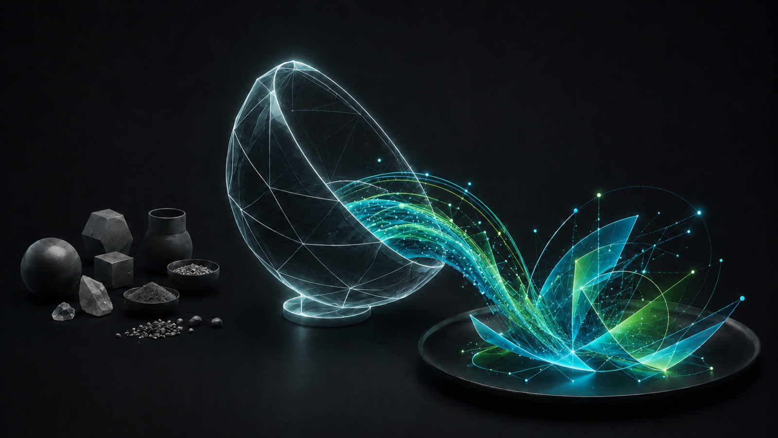 Abstract ingredients transform through a mixing bowl into a vibrant finished creation, representing how positioning makes vendor resources uniquely yo