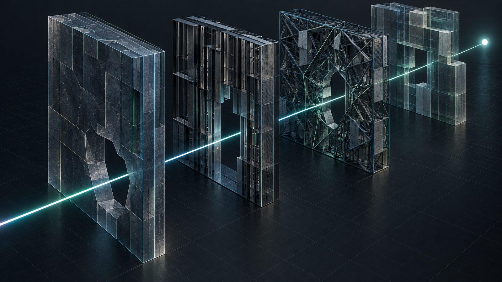 A glowing signal passes effortlessly through openings in a series of complex barriers, representing how good marketing removes friction from the buyin