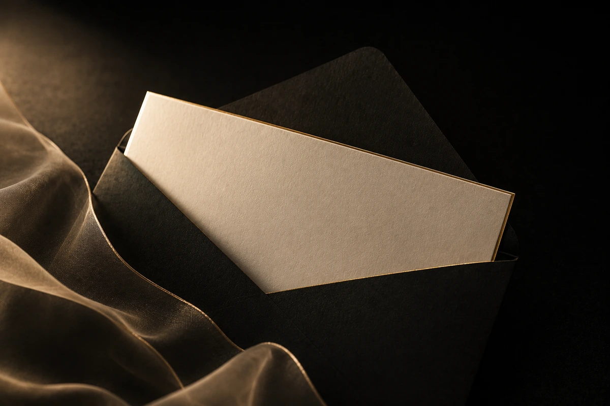 A cream card with a gilded edge emerging from a black envelope on softly lit gold fabric, representing wedding and event skin preparation planning at PhillyMedClub in Philadelphia