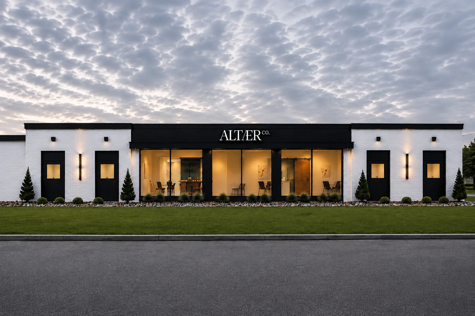 Exterior of the building at 29 Hunter Ln, Camp Hill, Pennsylvania, lit at dusk — home of PhillyMedClub Studio, opening Fall 2026