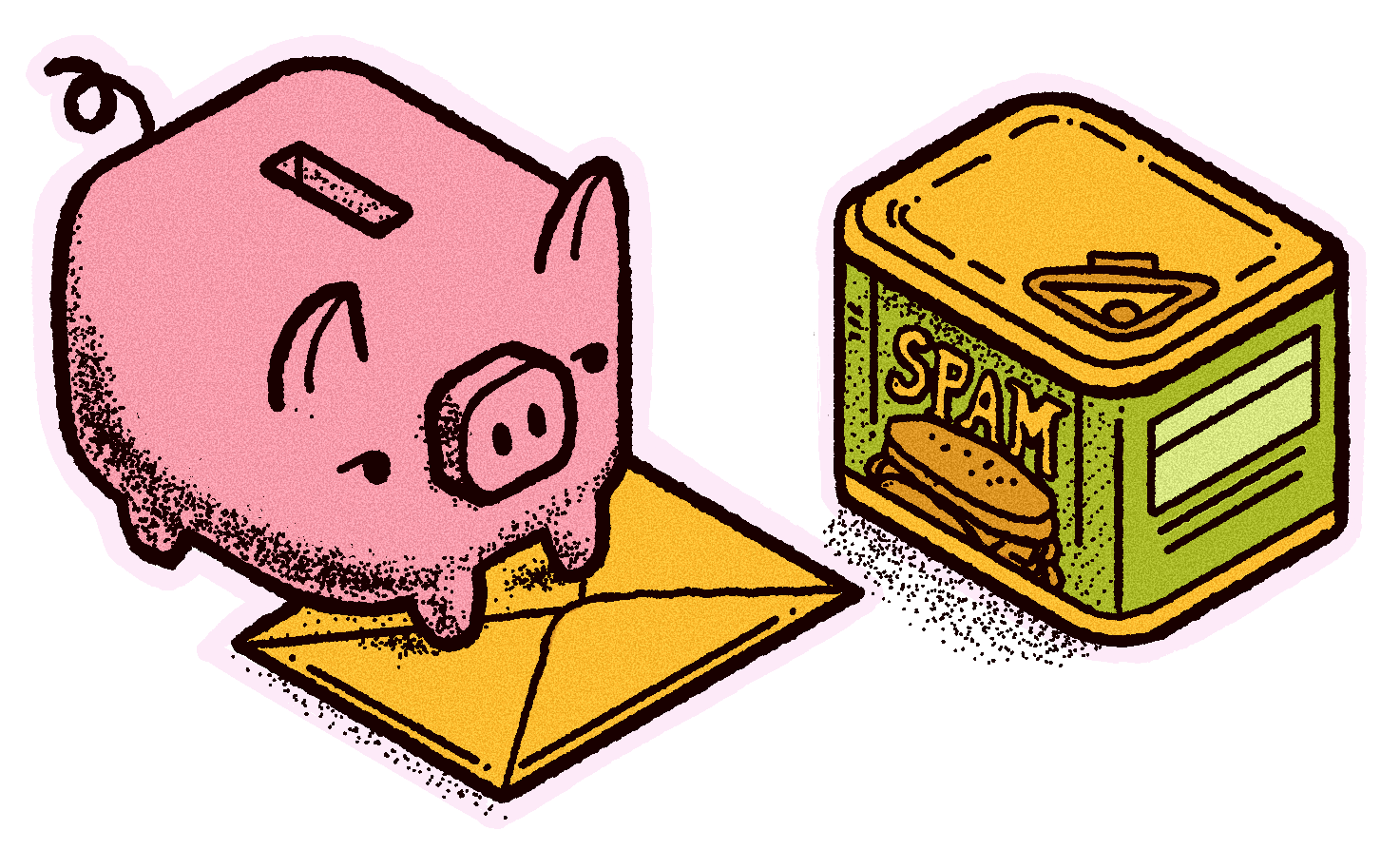 An adorable, hand-drawn piggy bank holding an envelope next to a container of spam.