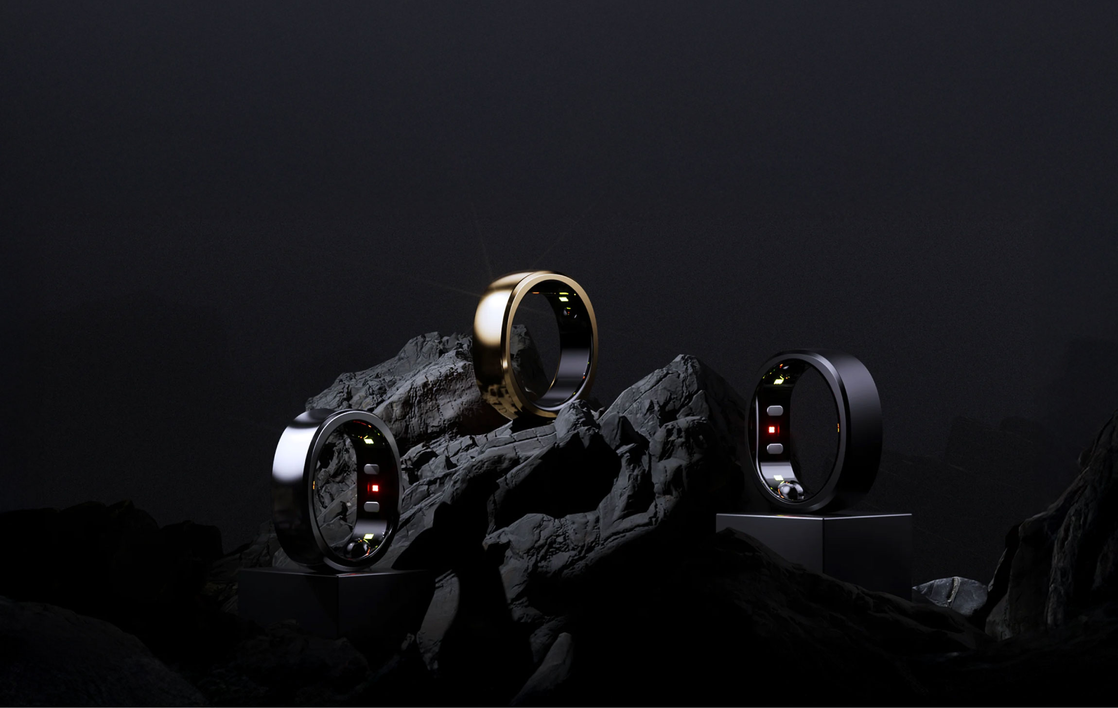 RingConn smart ring and its three CMF variant, silver, gold, black, designed by Miio Studio