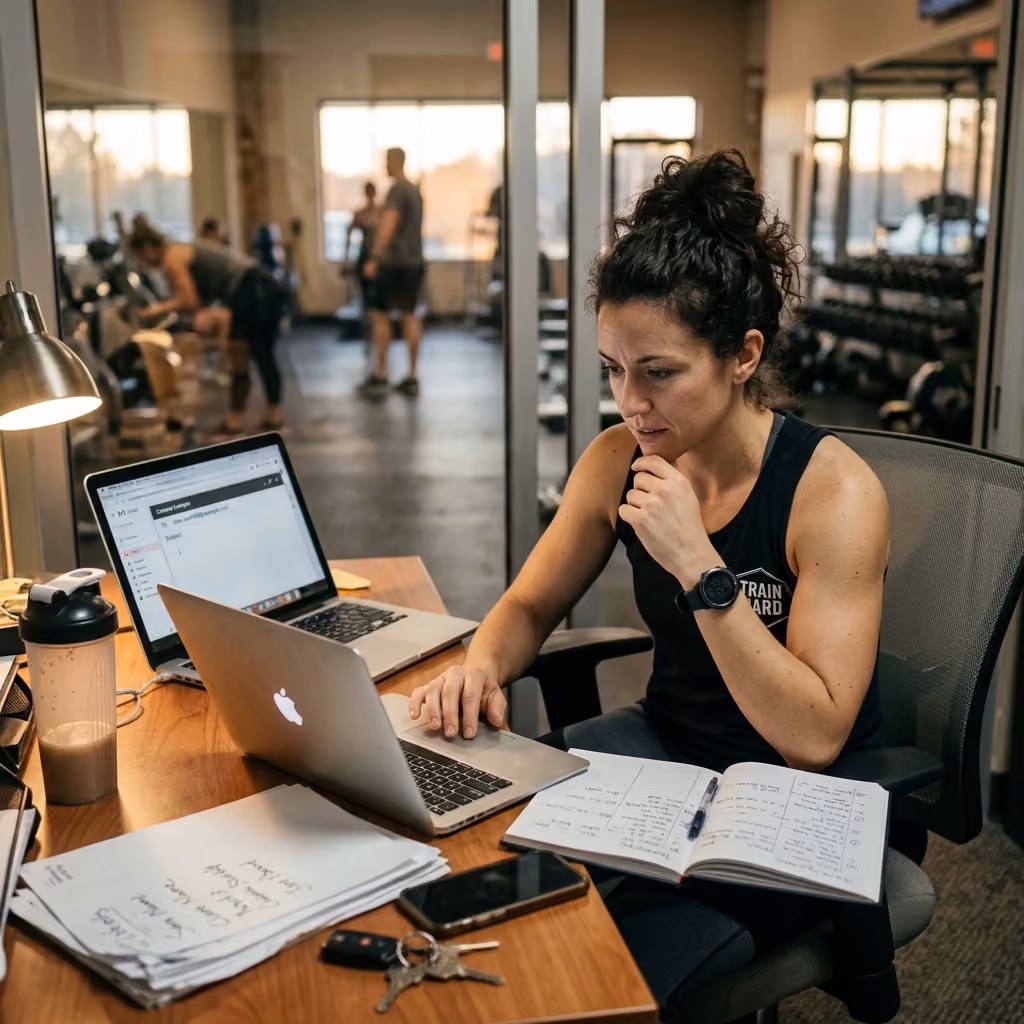Fitness professional writing an email at her desk.