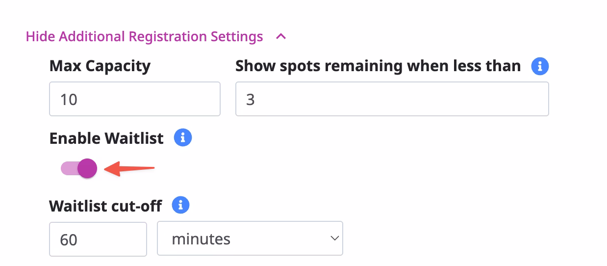 Registration settings panel: Max capacity 10, show 3 spots remaining; purple toggle for Enable Waitlist; waitlist cutoff 60 minutes.