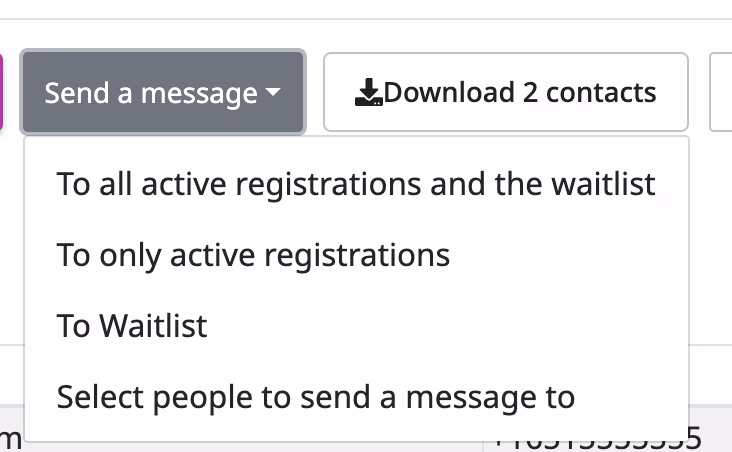 Messaging menu titled 'Send a message' with options: all registrations and waitlist, only active registrations, waitlist, or select recipients; nearby 'Download 2 contacts' button with a download icon.