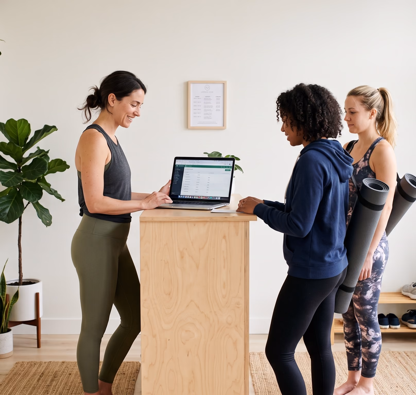 Yoga studio owner checking in clients on a yoga studio software