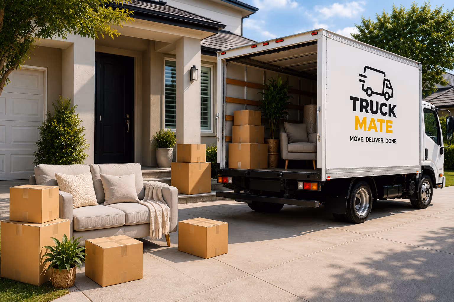 Truck Mate moving truck parked outside a Melbourne home with furniture and moving boxes ready for transport