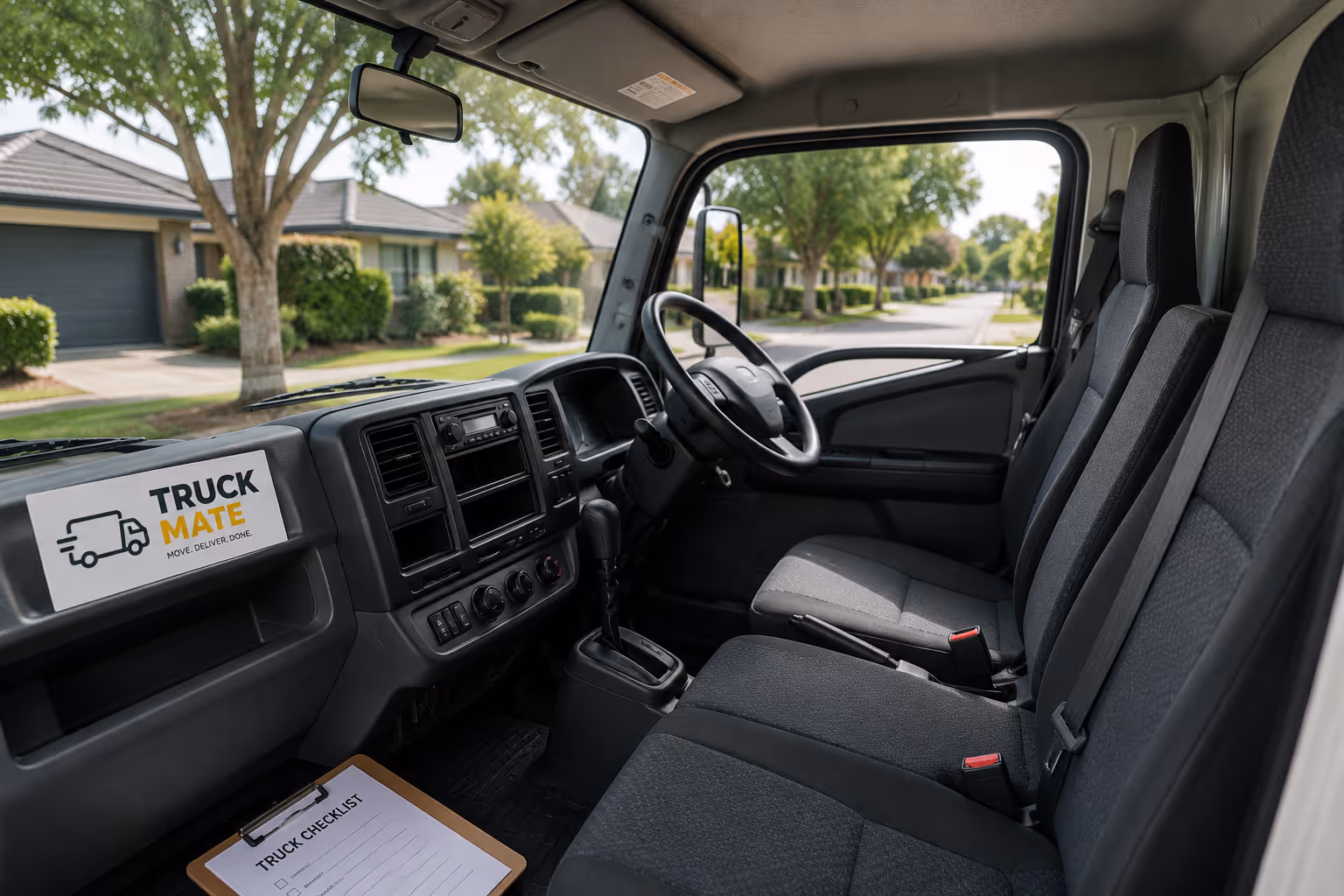 Truck Mate truck cabin with driver and passenger seats for affordable truck hire in Melbourne.