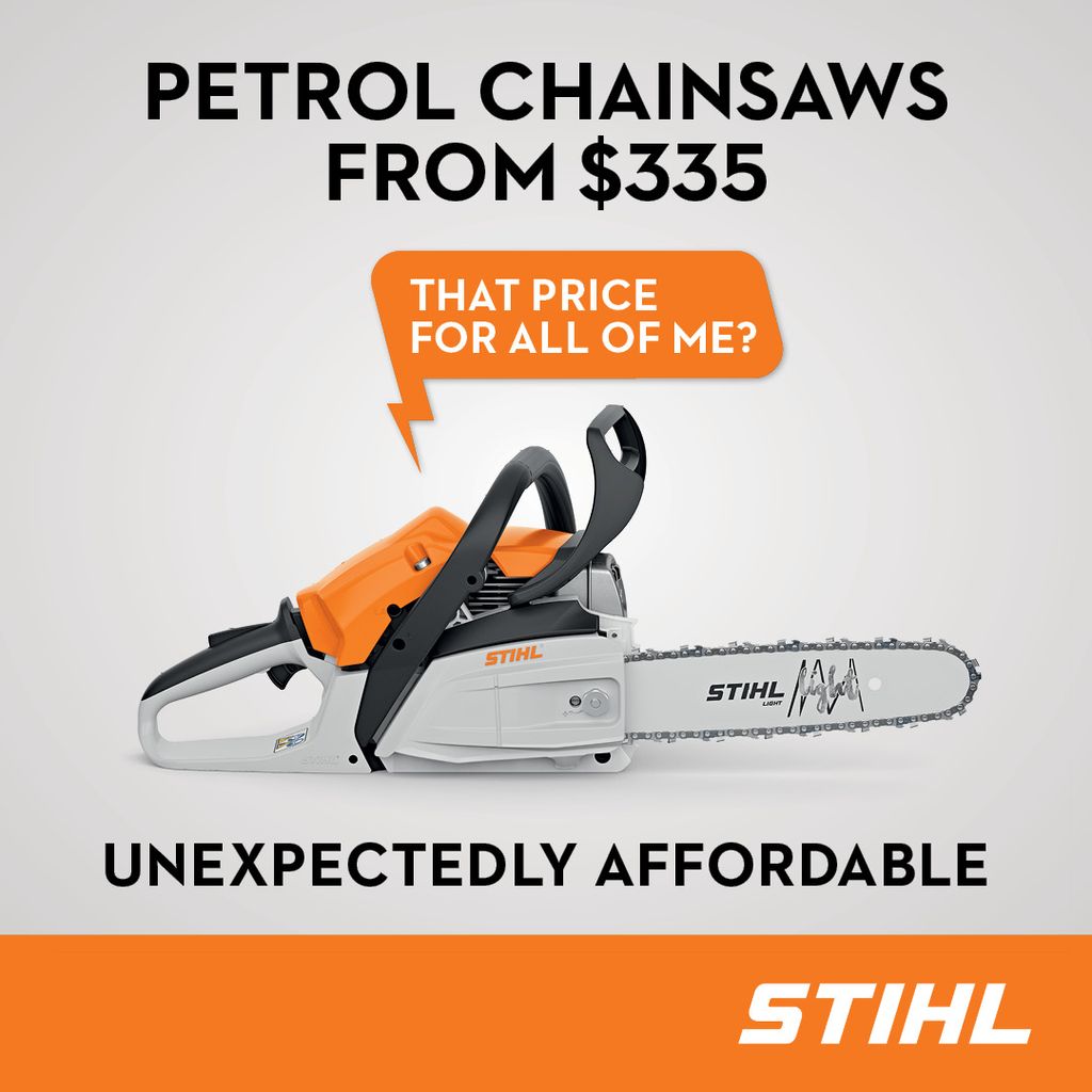 Ad which advertises petrol chainsaws for $335