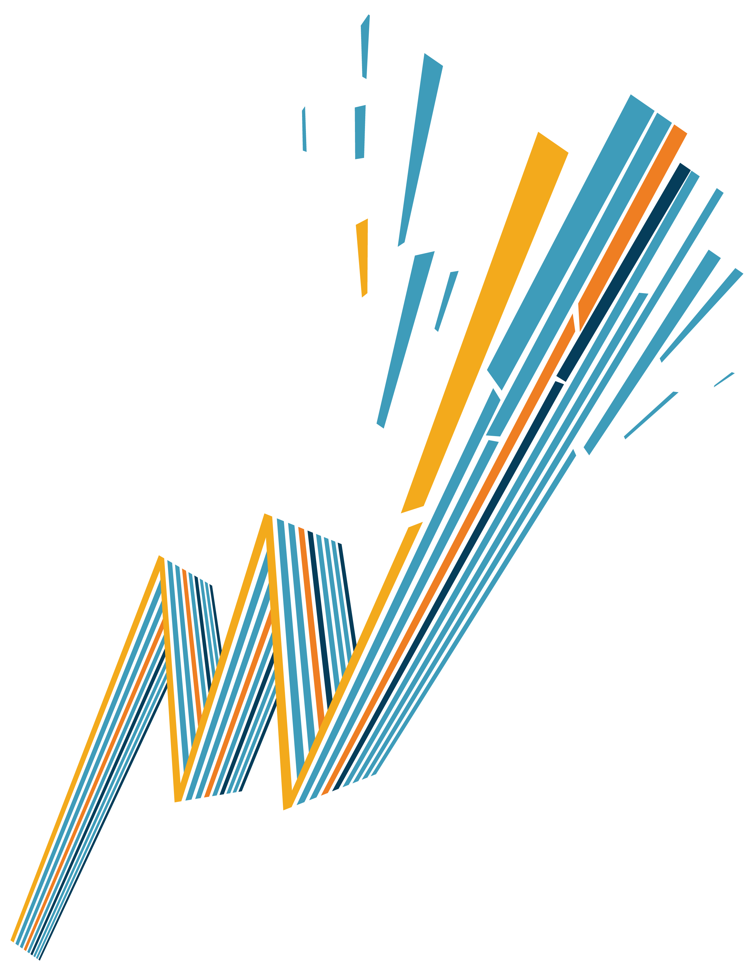 Abstract zigzag and linear shapes in blue and orange on a black background.