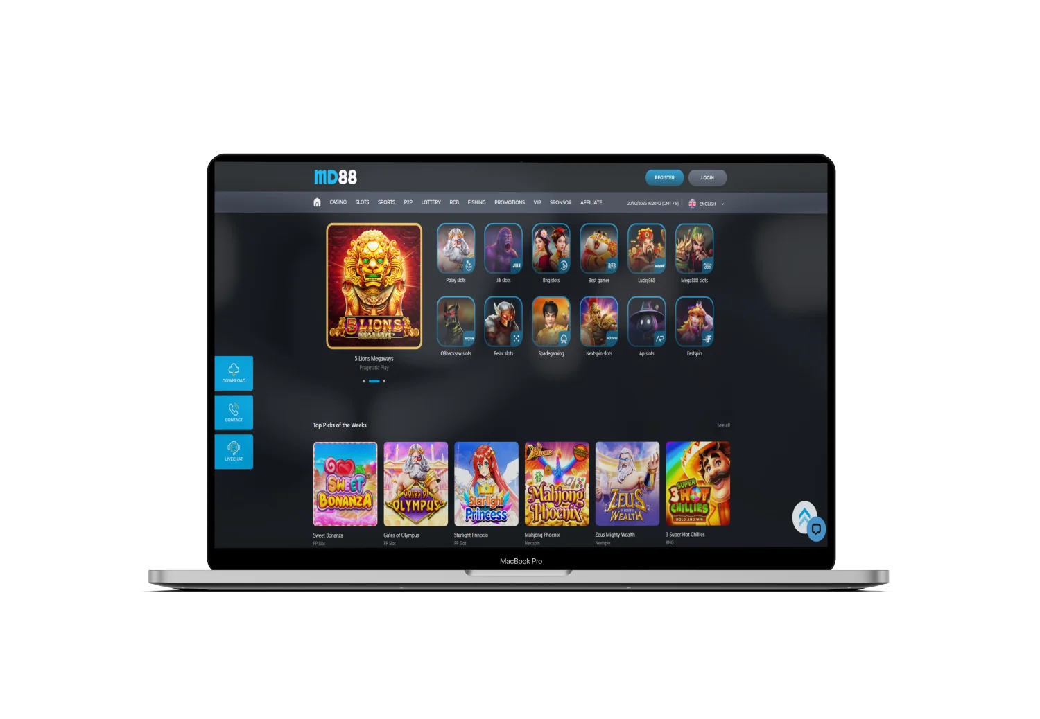 MacBook Pro screen showing MD88 online casino interface with various slot games and gaming options.