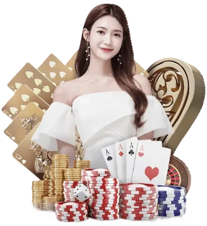 Woman in white dress with poker chips, dice, playing cards, and large gold card symbols behind her.