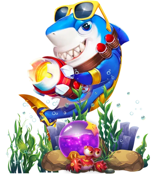 Cartoon blue shark wearing yellow sunglasses wielding a flame shooter underwater with crab and purple orb.