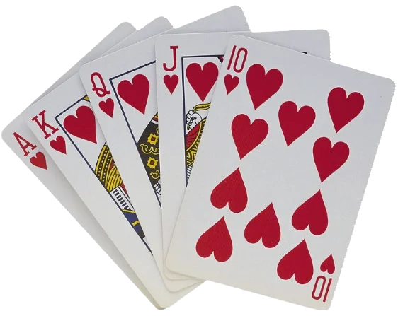 A royal flush poker hand of hearts: 10, Jack, Queen, King, Ace fanned out.