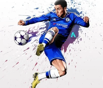 Illustration of a Chelsea soccer player in blue kicking a flaming soccer ball.