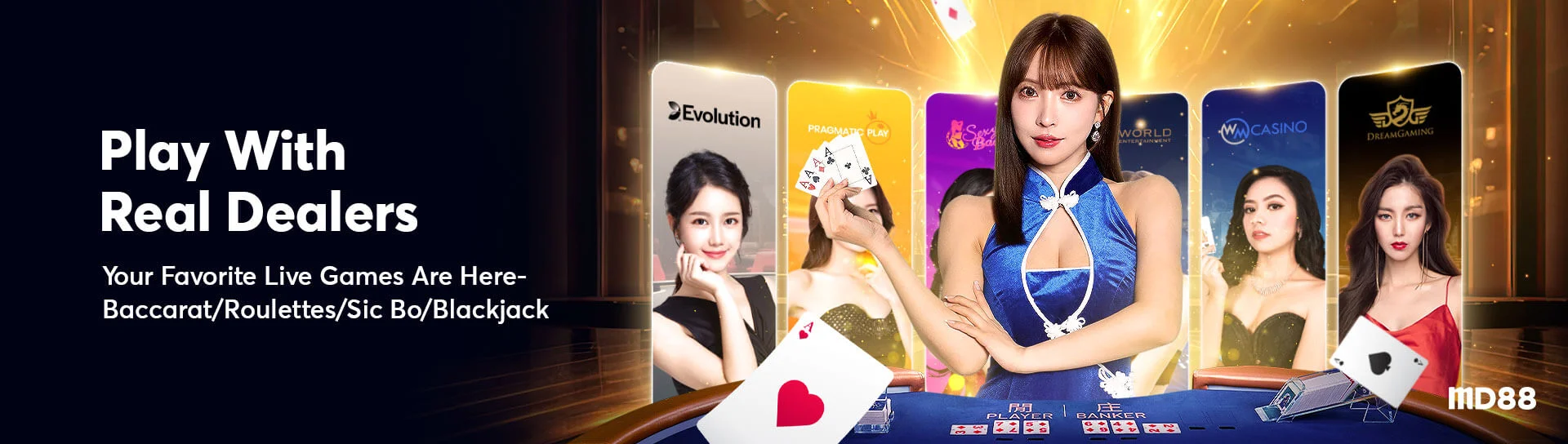 Asian female dealer in blue dress holding cards at a live casino table with dealer brand logos behind her.