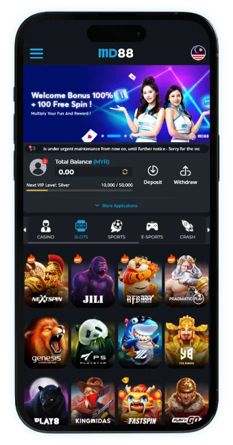 Mobile app interface showing casino game icons, Total Balance, and 100% Welcome Bonus with free spins.