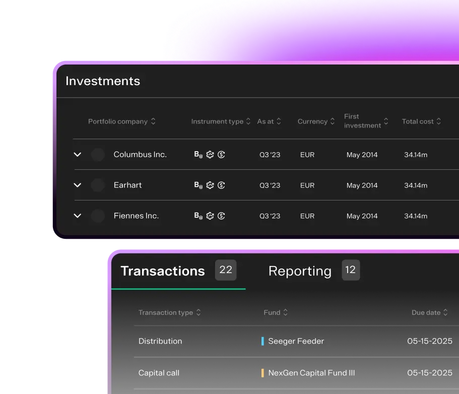 Lantern product dashboard showing portfolio news, transactions and reporting