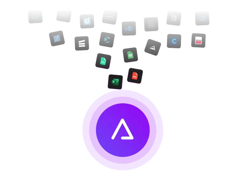 Purple circular icon with a white stylized triangular A in the center, surrounded by various small floating app and file icons above it, including Excel, PDF, CSV, and others.