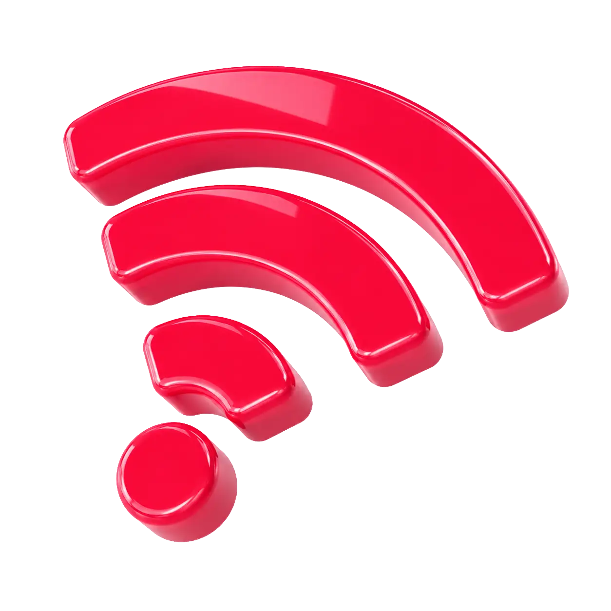Red 3D WiFi signal icon with three curved bars and a dot on a white background.