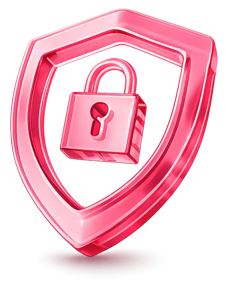 Pink glossy shield with a padlock symbolizing security and protection.