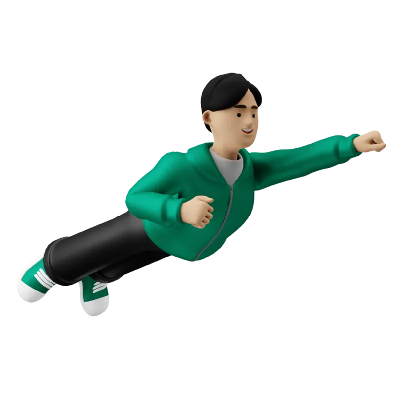 3D illustration of a person in a green jacket and sneakers flying with one arm extended forward.