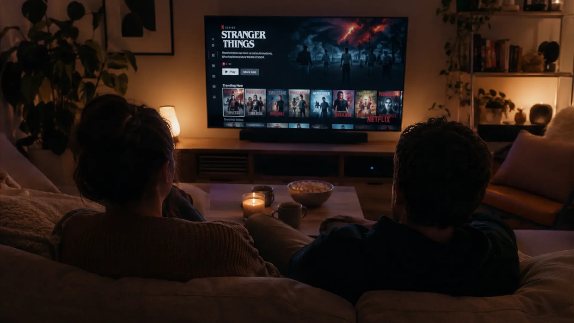 Couple sitting on a couch watching Stranger Things on a TV in a cozy, dimly lit living room.