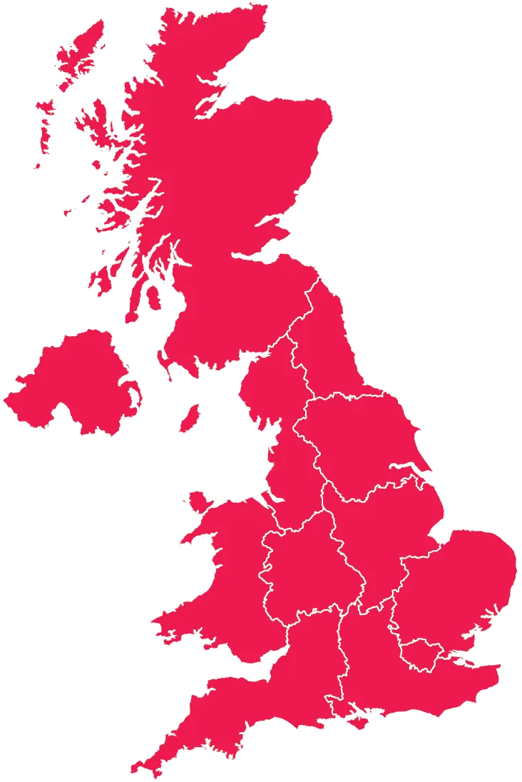 Map of the United Kingdom showing its countries and regions in solid red with white borders.