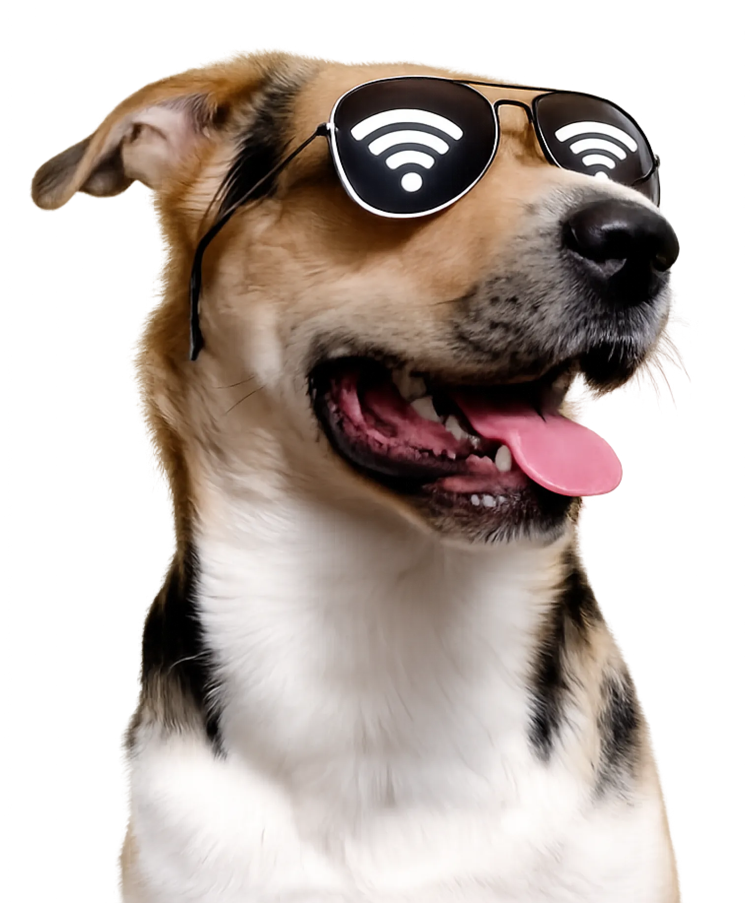 A dog wearing sunglasses reflecting WiFi symbols, tongue out, looking happy and cool.