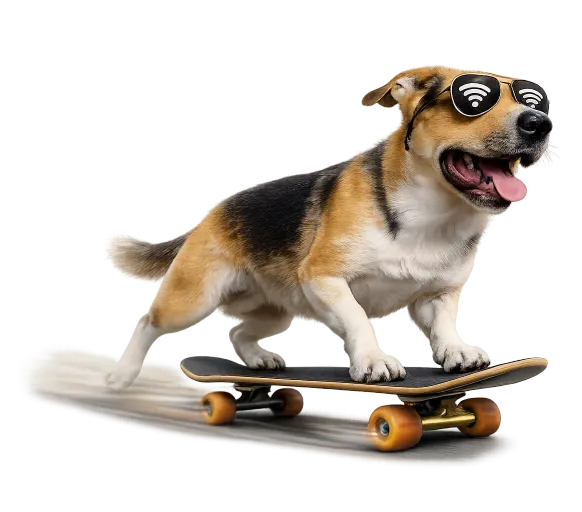 Happy dog wearing sunglasses riding a skateboard with motion blur behind it.