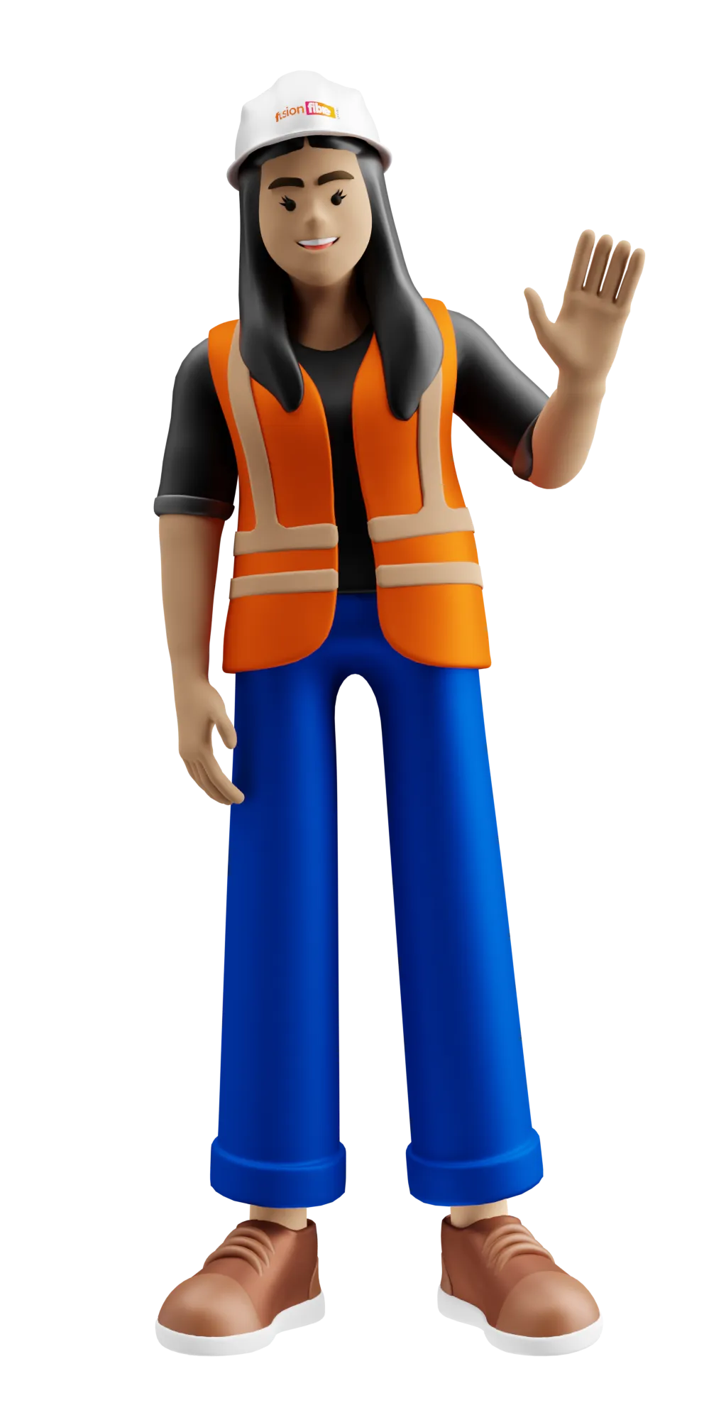 3D cartoon woman wearing a hard hat, orange safety vest, blue pants, and brown shoes waving her hand.